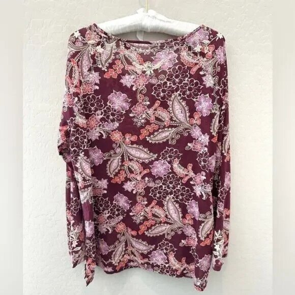 EDDIE BAUER Floral Paisley Embroidered Burgundy Boho Peasant Tunic Cotton Large - Picture 2 of 2